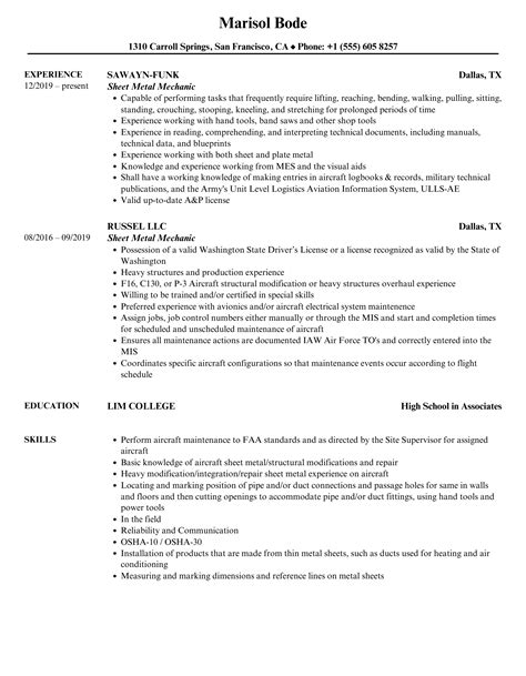 Sheet Metal Mechanic Resume Examples and 